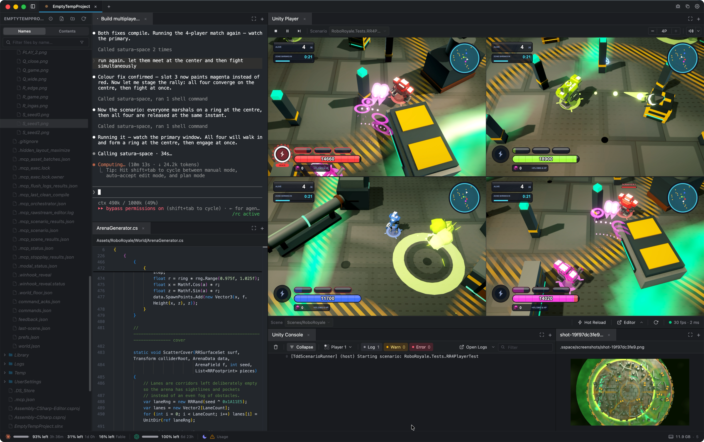 The Satura Space workbench: a file tree, an agent terminal staging a four-player match, four live Unity player views in a grid, the C# file being edited, and the Unity console, all in one window.