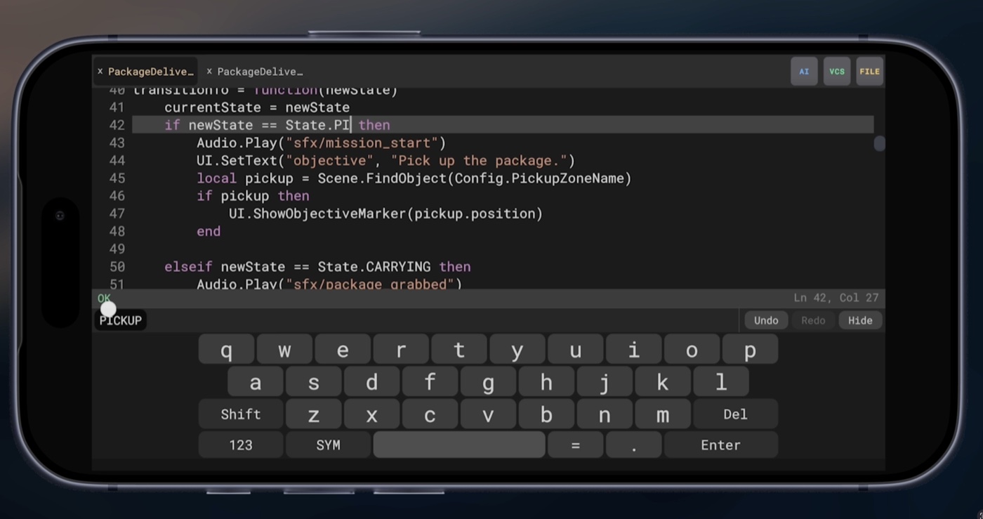 Satura's in-app Luau code editor with a mobile keyboard.