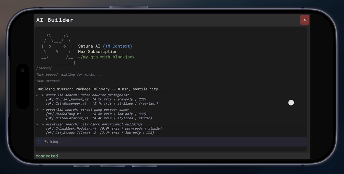 Satura's AI Builder generating a game mission from a prompt.
