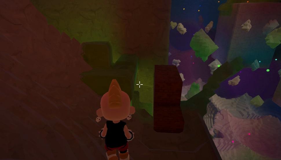 A voxel world in Satura: a character exploring a glowing crystal cavern built from blocks.